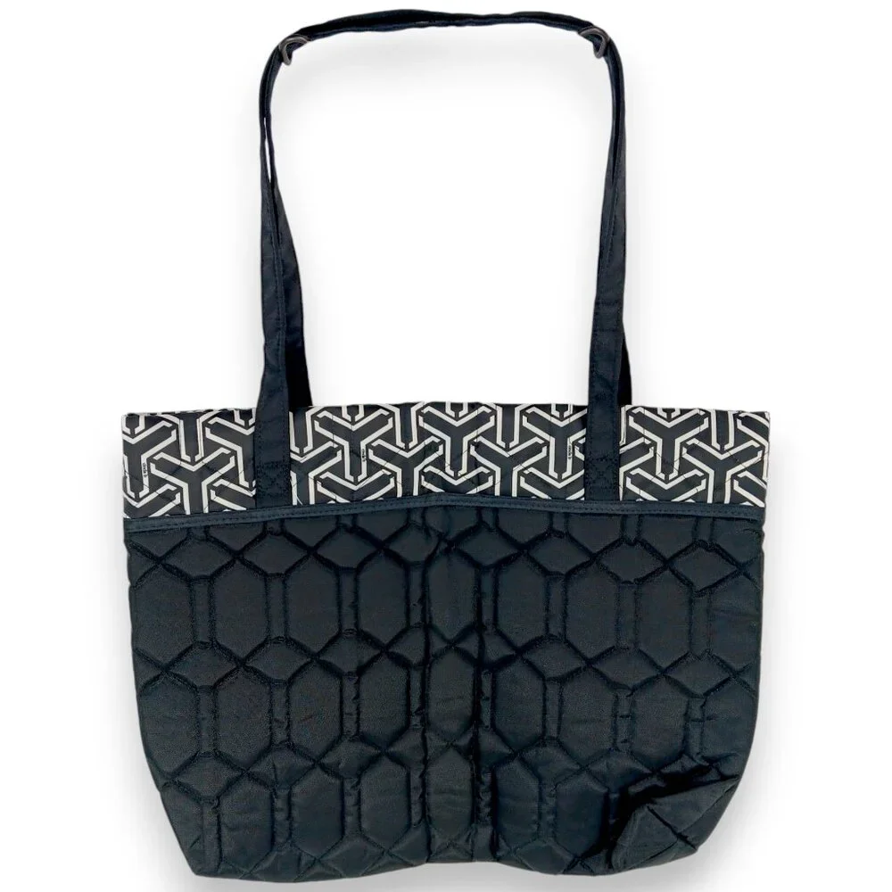 CINDA B- Jet Set Black-Tote-Purse-Shoulder Bag-Quilted Pattern-Black-White - Picture 8 of 10